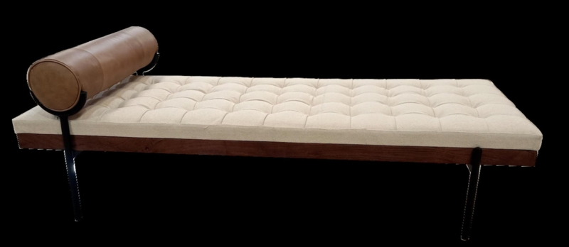 Bench Grid Tufting Bolster Pillow Dark Wood Frame Mid-Century