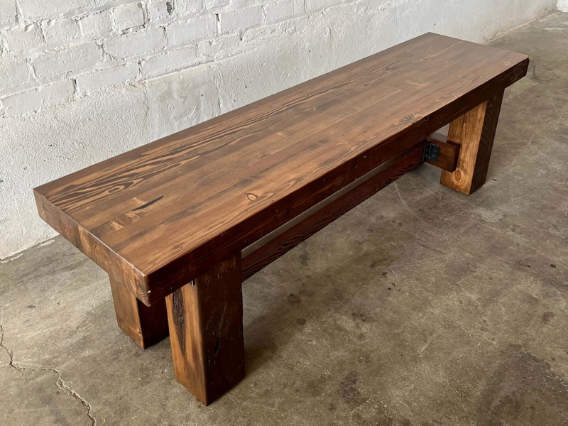 Bench H-Frame Base Reclaimed Wood Planks Walnut Stain Industrial