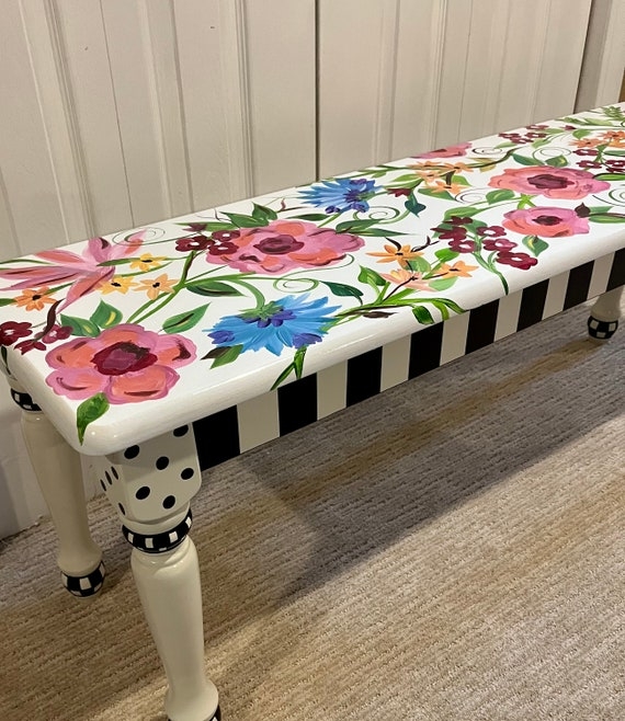 Bench Hand-Painted Floral Top Black and White Striped Apron