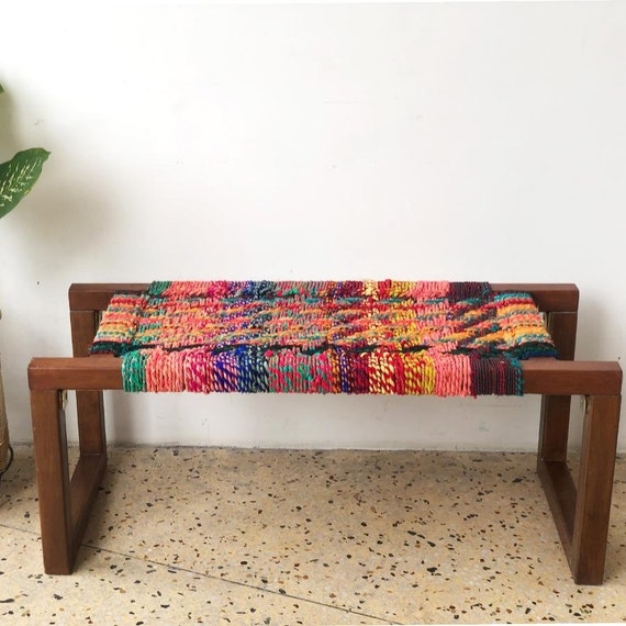 Bench Handwoven Multicolored Lattice Seat Tapered Wood Legs Boho