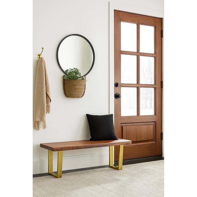 Bench Honey Mango Wood Brass Sled Legs Live Edge Look Industrial
