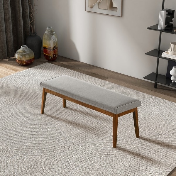 Bench in Ash Gray Fabric with Walnut Finish Tapered Legs, Minimalist
