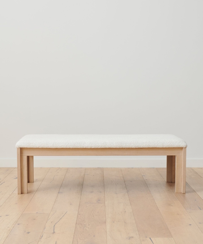 Bench in Ivory Boucle and Light Oak Finish for Minimalist Entryway Seating