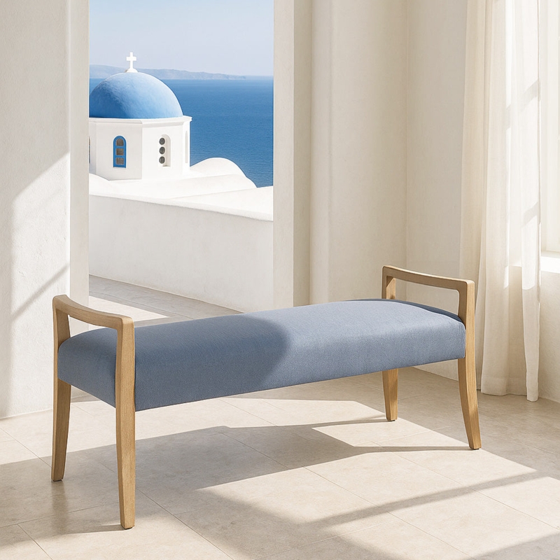Bench Integrated Wooden Arms Tapered Wooden Legs, Sky Blue Upholstery