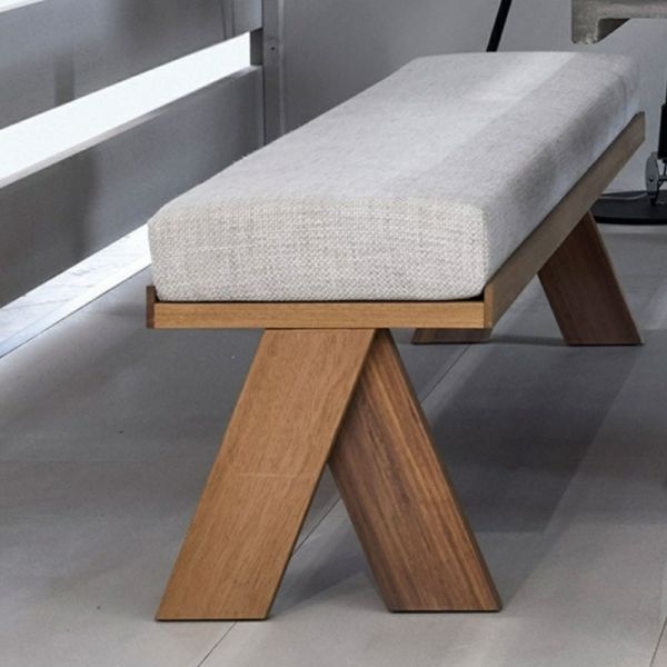 Bench Interlocking Base Thick Woven Seat Slatted Geometric Legs