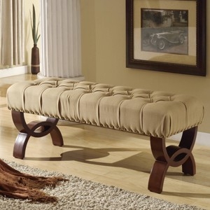 Bench, Interlocking Circular Legs, Button Tufting, Cream Upholstery