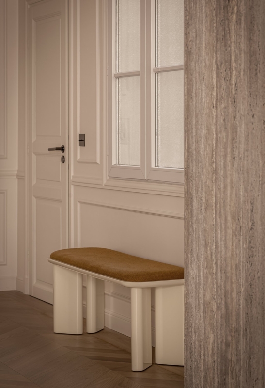 Bench, Lacquered Base, Sculptural Legs, Minimalist Silhouette
