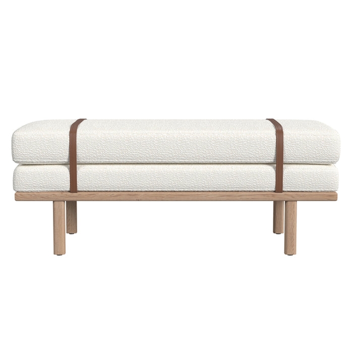 Bench, Leather Like Straps, Stacked Cushion Design, Cream Boucle