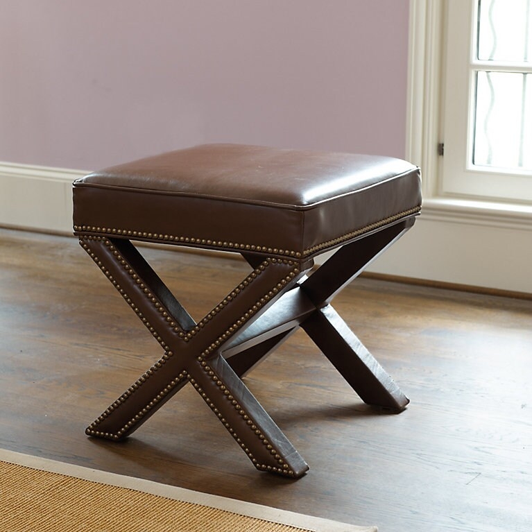 Bench Leather-Like X-Base Brass Nailhead Trim Transitional Style
