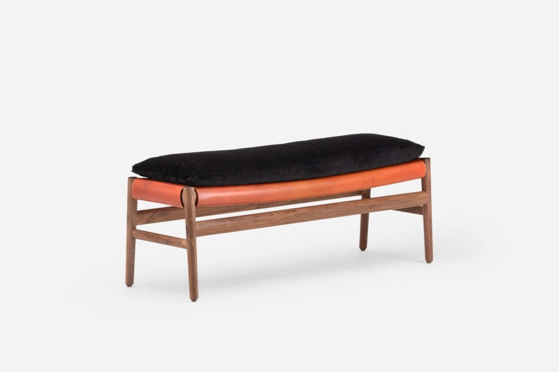 Bench Leather Side Straps Dark Walnut Finish Textured Upholstery