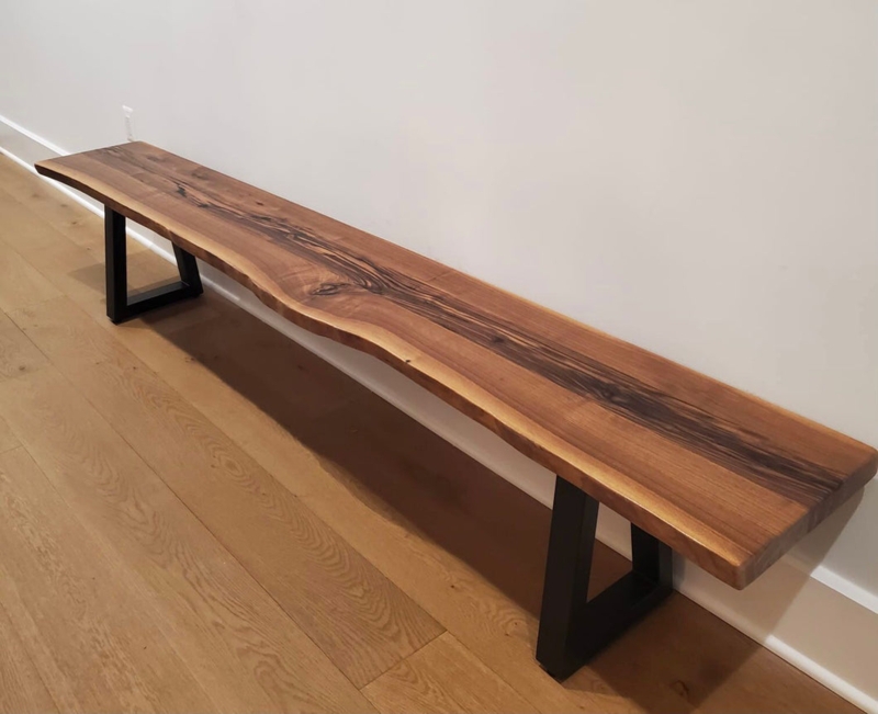 Bench Live Edge Deep Walnut Wood with Minimalist Slab Legs Rustic