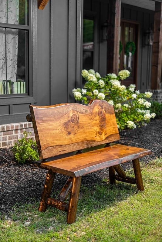 Bench Log Legs Thick Slab Seat Visible Knots Rustic Lodge Pine