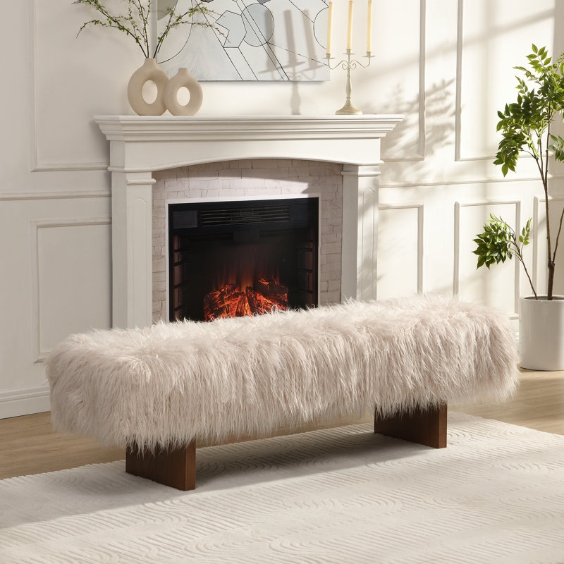 Bench Long Pile Shaggy Faux Wool Wood Block Legs Cream