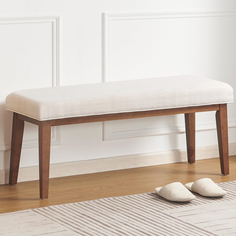 Bench Mid-Century Tapered Legs Beige Upholstered End of Bed Seating