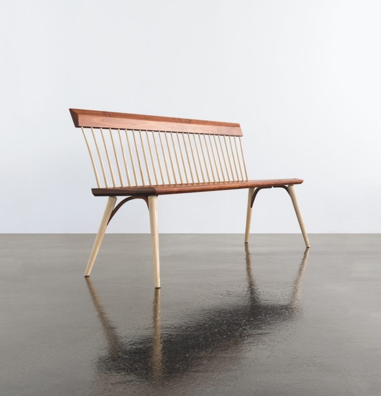 Bench Minimalist Spindle Back Sculpted Seat Tapered Legs Natural Wood