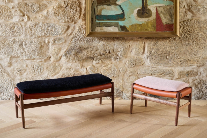 Bench Mixed Material Upholstery Sculptural Wood Base Tapered Legs