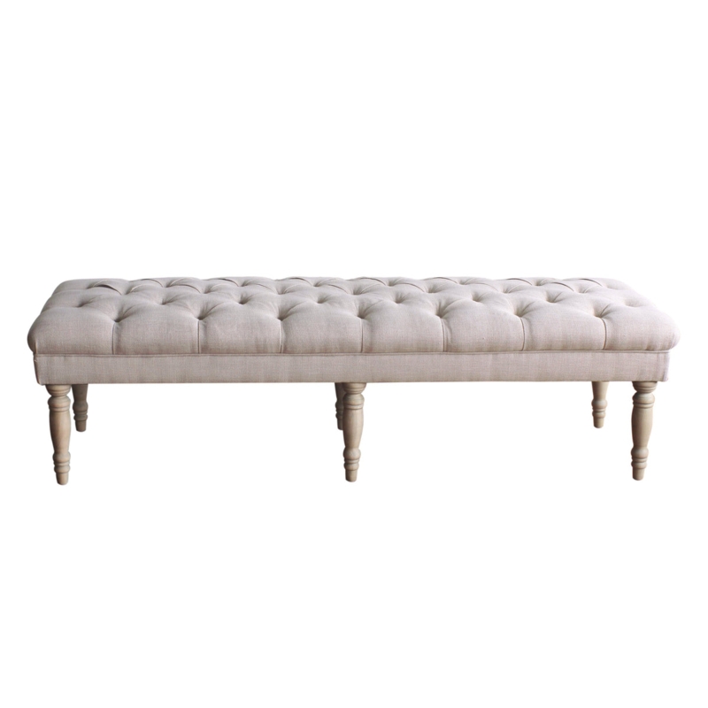 Bench Natural Linen-Like Fabric Button Tufted Turned Legs Farmhouse