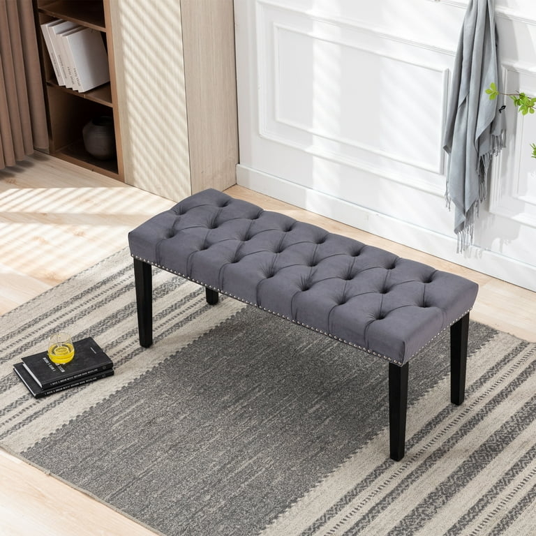 Bench Ottoman Dark Gray Velvet Bolster Pillows Gold Capped Legs Modern