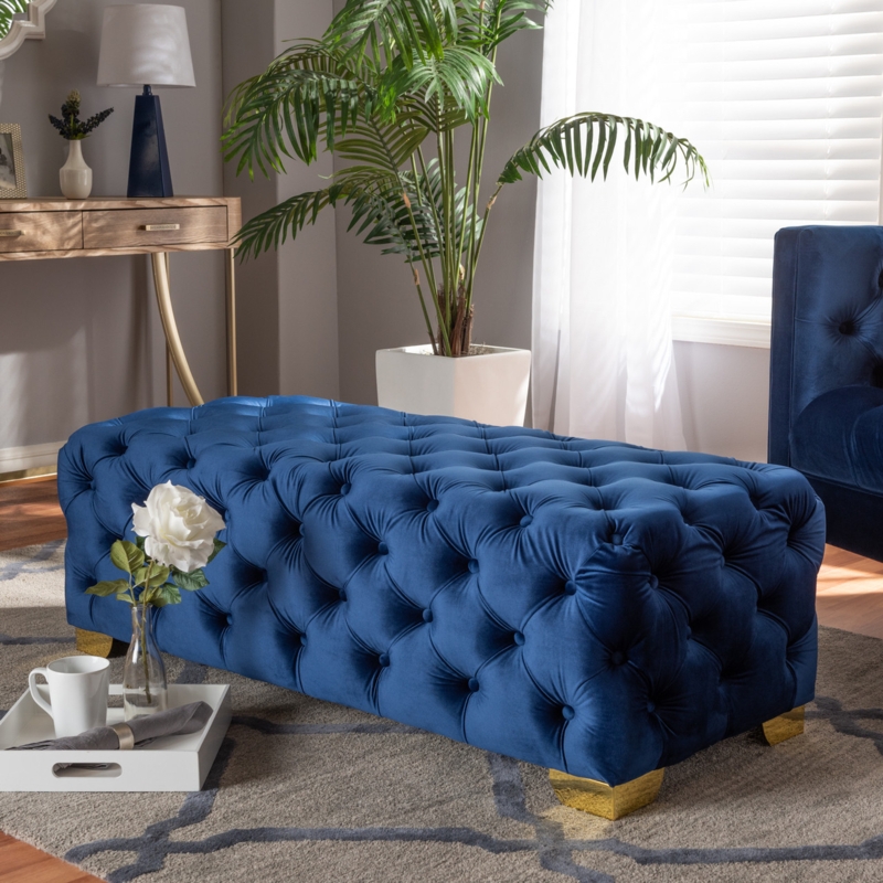 Bench Ottoman Royal Blue Velvet Button Tufted Gold U-Shaped Legs Glam