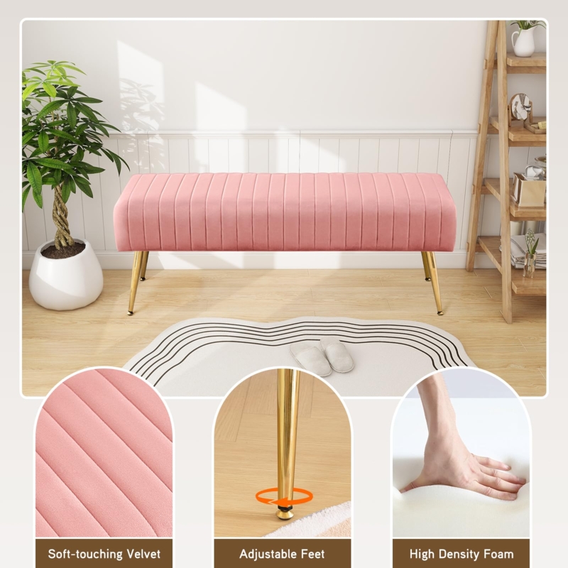 Bench Ottoman Velvet Button Tufted Pleated Sides Gold Feet Elegant