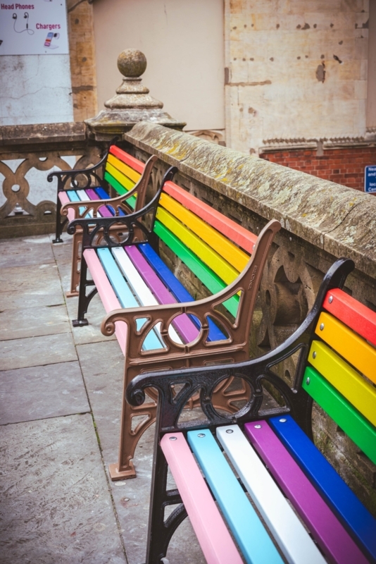 Bench Rainbow Wood Slats Glossy Finish Metal Frame Vibrant Park Seating