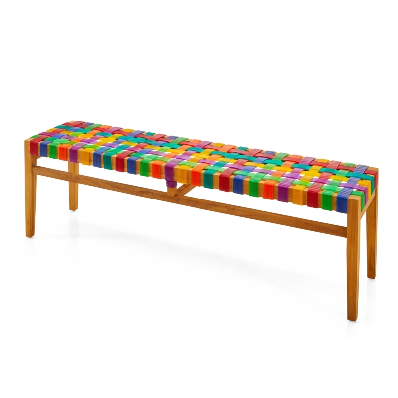 Bench Rainbow Woven Plastic Crosshatch Mid Century Tapered Wood Legs