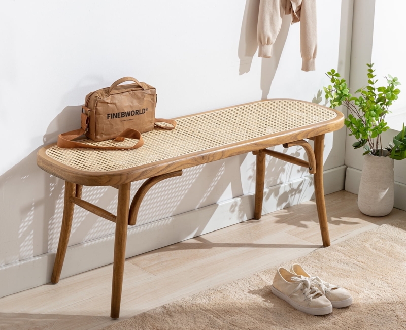 Bench Rattan Cane Seat Espresso Frame Farmhouse Rustic