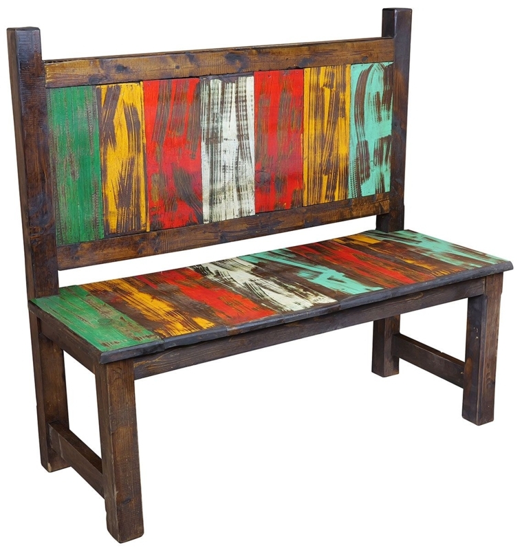 Bench Rustic Distressed Painted Wood Slatted Seat Bohemian Style