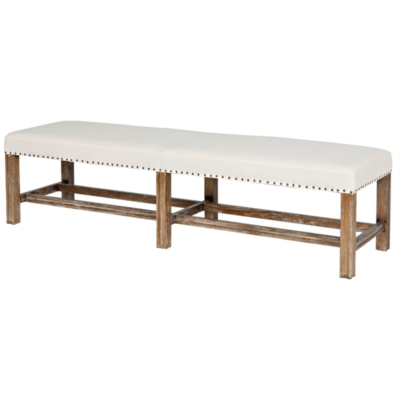 Bench Rustic Grey Wash Wood Six Legs Nailhead Trim Extra Long Cream