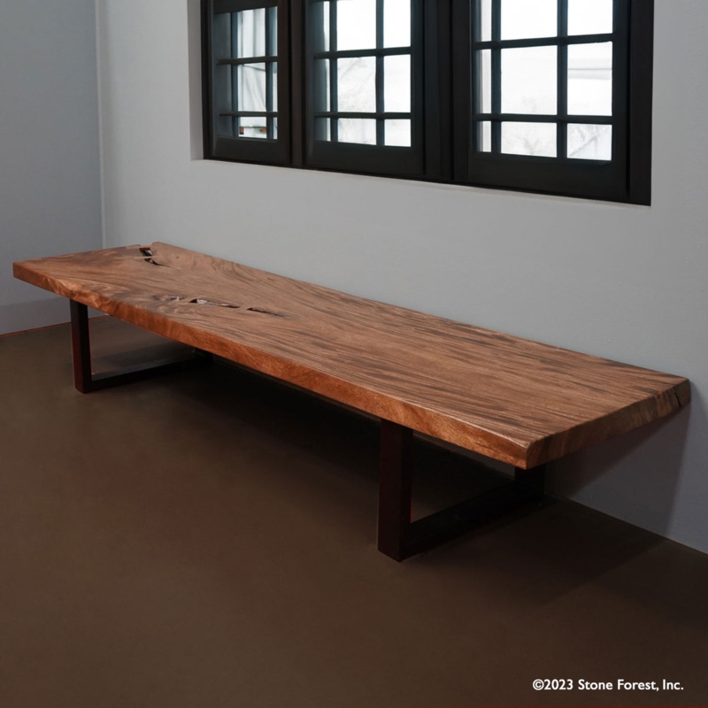 Bench Rustic Style Live Edge Thick Slab Top U-Shaped Metal Legs