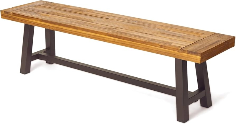 Bench Sandblasted Plank Top A-Frame Metal Base Industrial Style