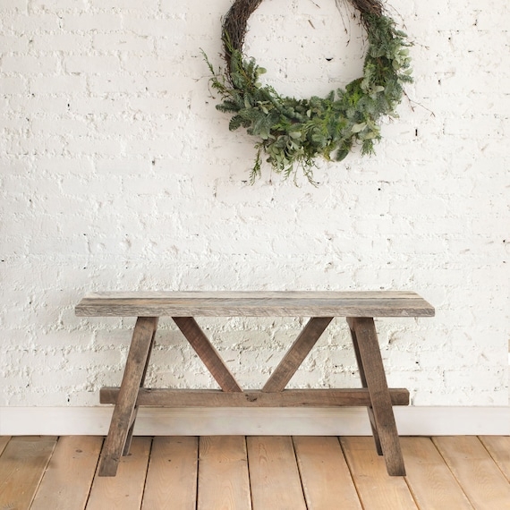 Bench Sawhorse Base Weathered Wood, Rustic Farmhouse Mudroom Bench