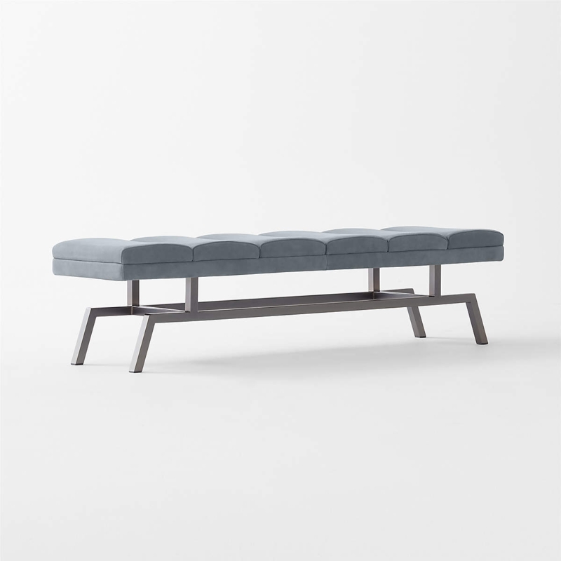 Bench Silver Blue Suede Minimalist Metal Frame 65 Inch Modern