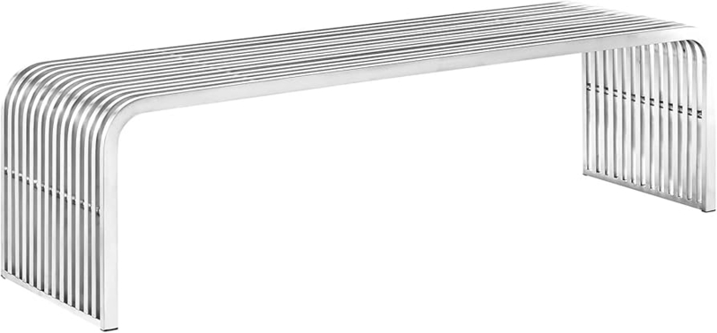 Bench Slatted Metal Sled Base Polished Finish Contemporary