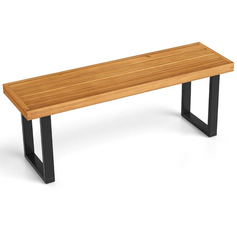 Bench Slatted Wood Seat Black U-Shaped Legs Minimalist Style