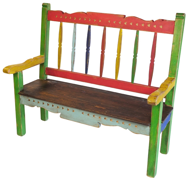 Bench Southwestern Hand Painted Geometric Motifs Distressed Teal Wood