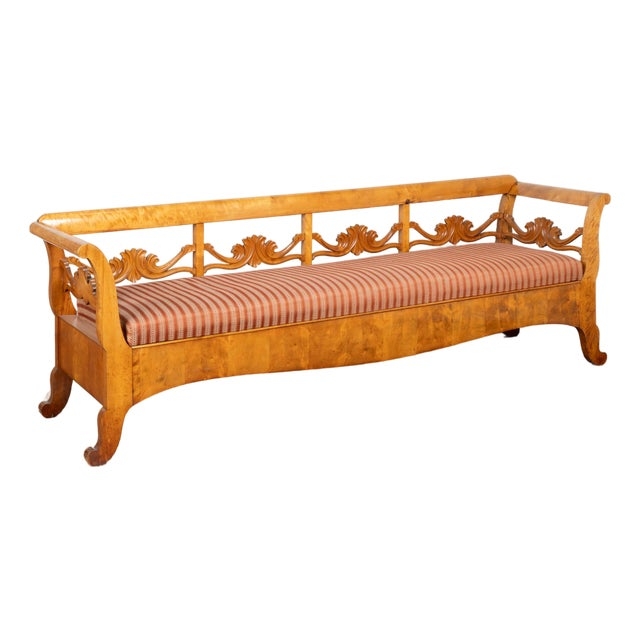 Bench Striped Upholstery Carved Scrollwork Long Silhouette