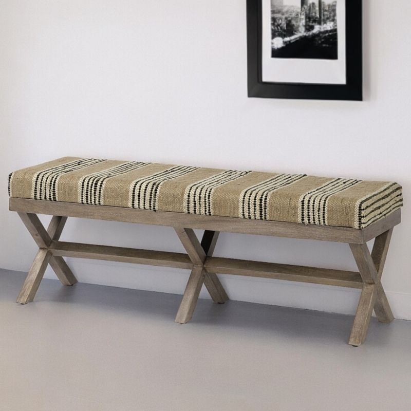 Bench Striped Upholstery X-Frame Base Rustic Farmhouse
