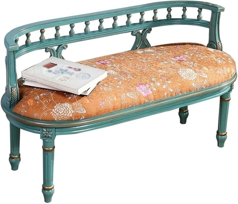 Bench Teal Floral Upholstered Antique Spindle Back French Country Accent
