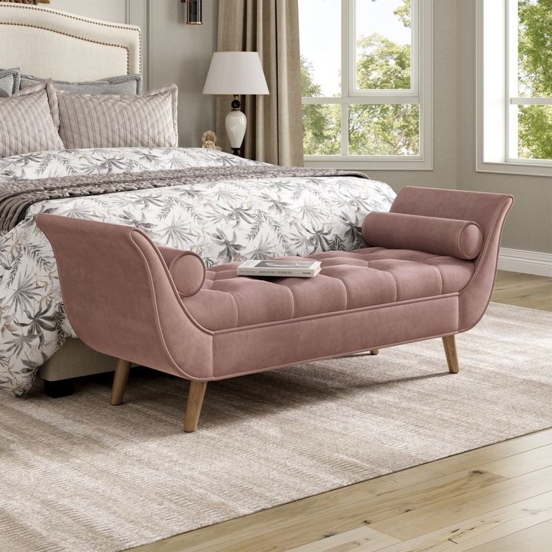 Bench Transitional Blush Velvet Button Tufted Bolster Pillows Wood Legs