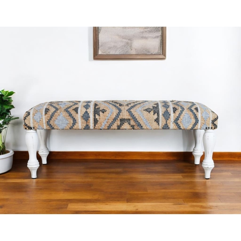 Bench Tribal Upholstery Whitewashed Turned Legs Bohemian Style