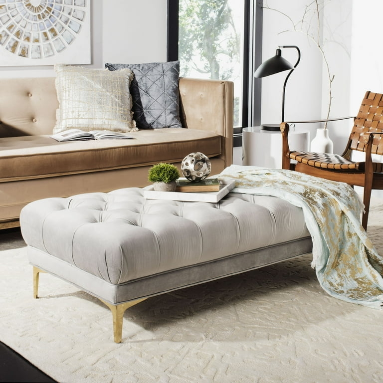 Bench Velvet Diamond Tufting Tapered Brass Legs Ottoman Coffee Table