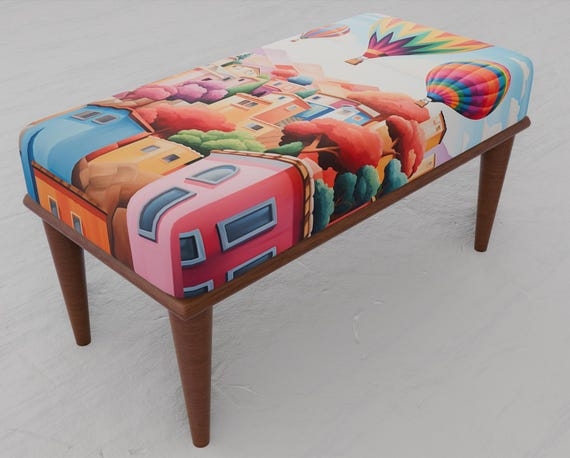 Bench Vibrant Abstract Painterly Print Upholstery Tapered Wood Legs Art