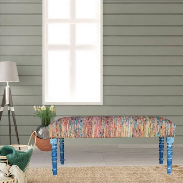 Bench Vibrant Chindi Weave Fabric Blue Wood Turned Legs Bohemian Accent
