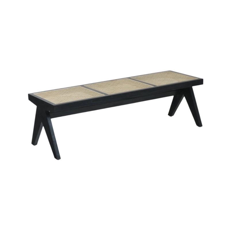 Bench Vienna Weave Cane V-Shaped Legs Black Frame Mid-Century Modern