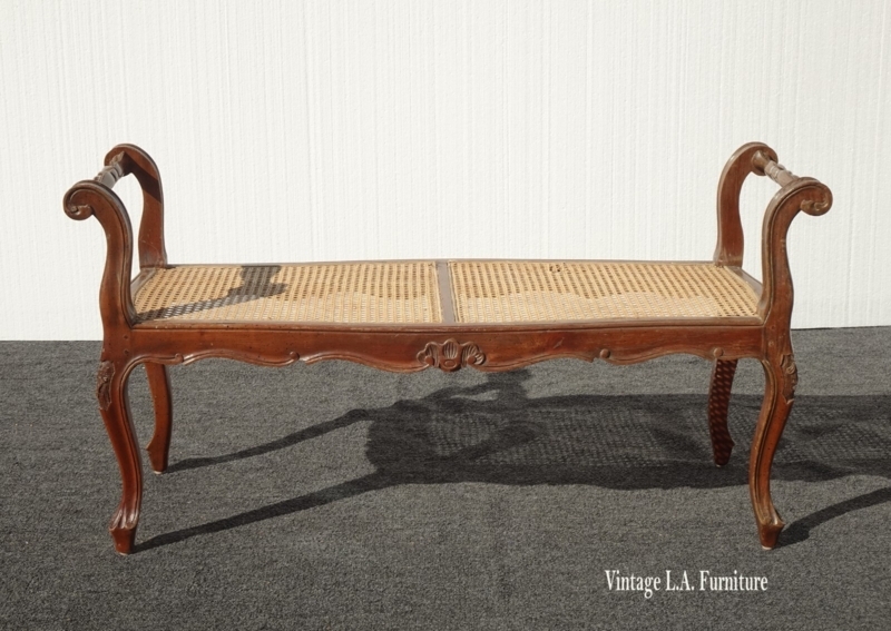 Bench Vintage Cane Seat Brown Wood Rolled Arms Cabriole Legs