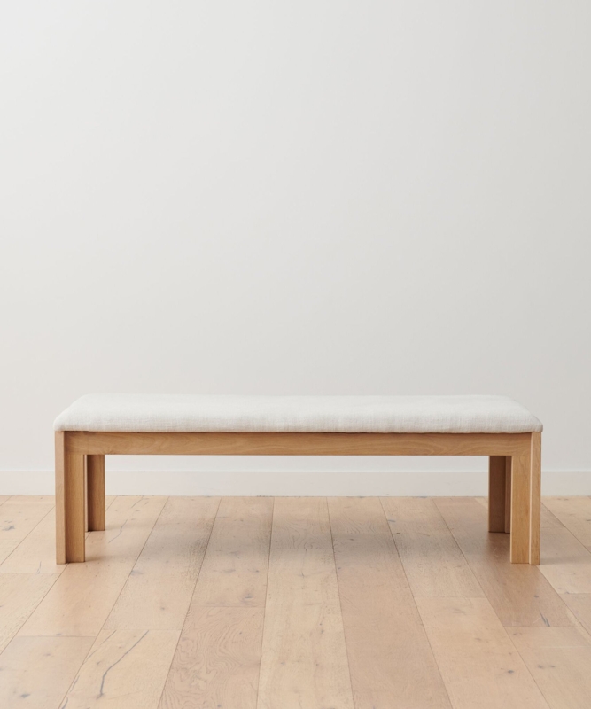 Bench White Linen Block Legs Light Oak Wood Minimalist Style