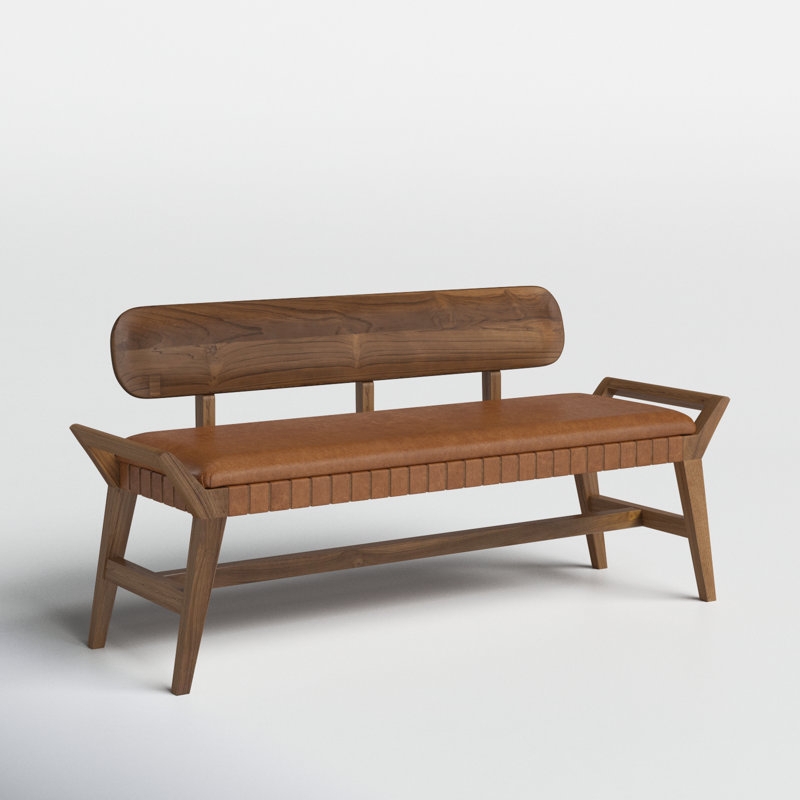 Bench with Backrest, Curved Wood Frame, Cognac Leather-Like Seat