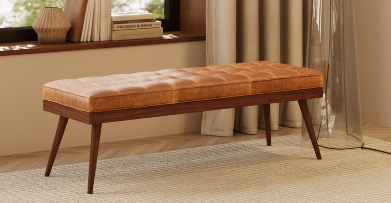 Bench with Biscuit Tufting, Mid-Century Cognac Tan Leather-Like Seating