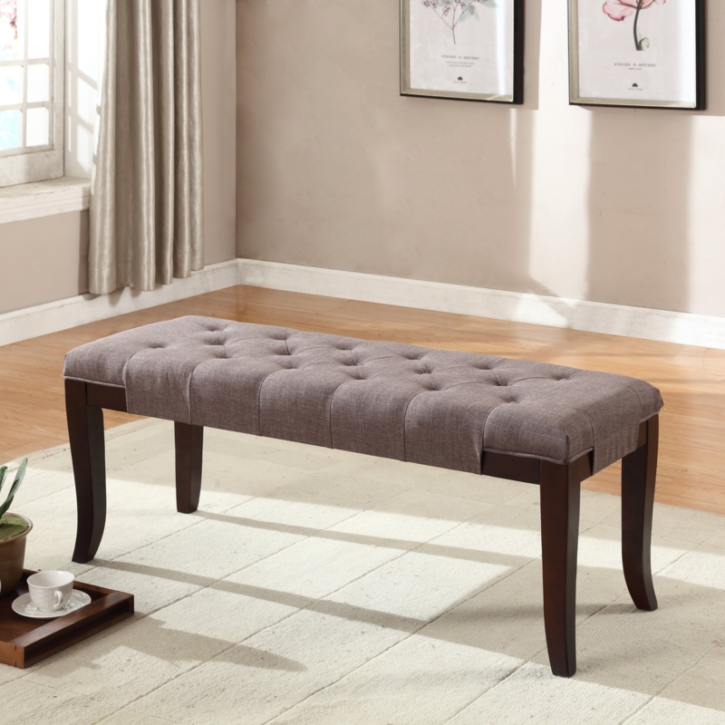 Bench with Classic Button Tufting in Brown Fabric and Wood Legs